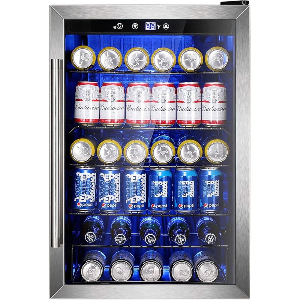 Wine Cooler 37 Bottle Freestanding Fridge with Stainless Steel Reversible Glass Door, 145 Can Beverage Refrigerator Quiet Compressor for Home Kitchen Bar, 4.5 Cu.ft Silver