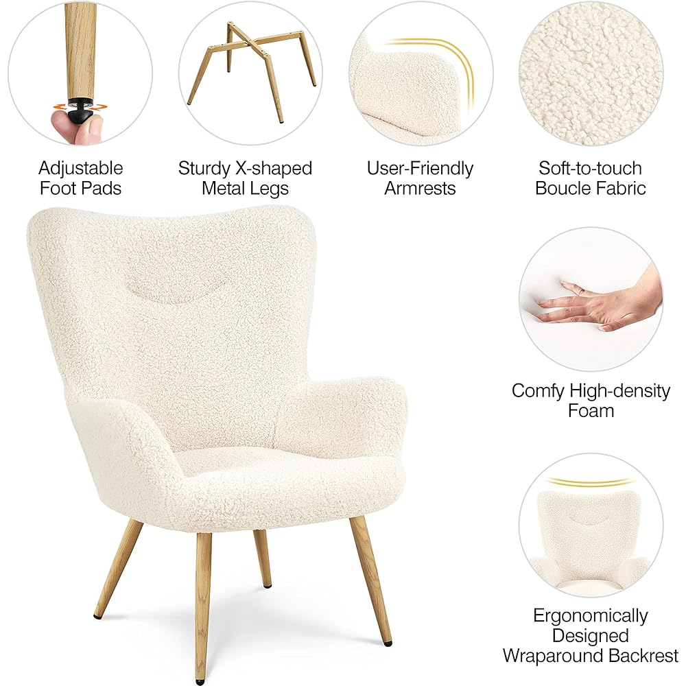Yaheetech Accent Chair, Modern Boucle Vanity Chair with High Back and Wood-Tone Metal Legs, Sherpa Chair for Living Room, Home Office, Ivory : Home & Kitchen