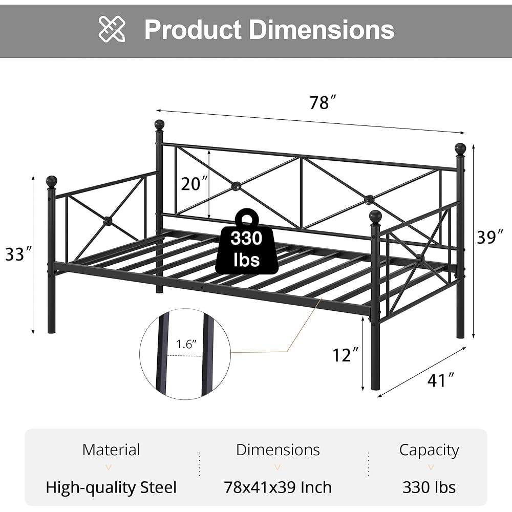 VECELO Twin Daybed Frame, Metal Day Bed with Stylish Headboard, Multifunctional Platform Beds for Bedroom, Living Room, Guest Room, No Boxing Spring Needed, Black : Home & Kitchen