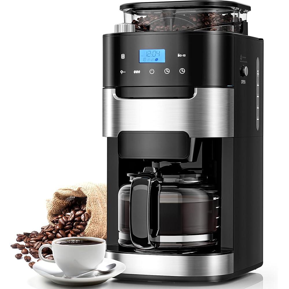 Electactic 10-Cup Drip Coffee Maker with Built-in Grinder,Programmable Grind & Brew, Coffee Machines with Smart LED Touchscreen, 24H Timer, Customizable Strength & Grind Size,Black: Home & Kitchen