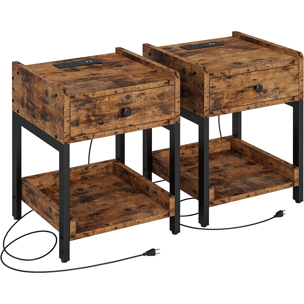 LIKIMIO Nightstand, Set of 2 Bedside Table with Charging Station, Small End Table with Storage Drawer and Shelf for Bedroom and Living Room, Easy Assembly, Stable and Sturdy, Vintage Brown : Home & Kitchen