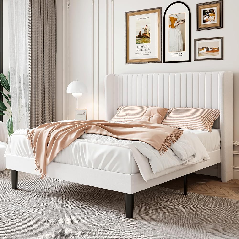 SHA CERLIN Full Size Velvet Bed Frame with Vertical Channel Tufted Wingback Headboard, Upholstered Platform Bed with Wood Slats, No Box Spring Needed, Easy Assembly, White : Home & Kitchen