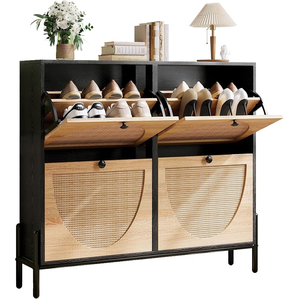 IRONCK Rattan Shoe Cabinet Storage with 4 Flip Drawers, Freestanding Shoe Storage Organizer Cabinet for Entryway, Narrow Shoe Rack Cabinet, Black : Home & Kitchen