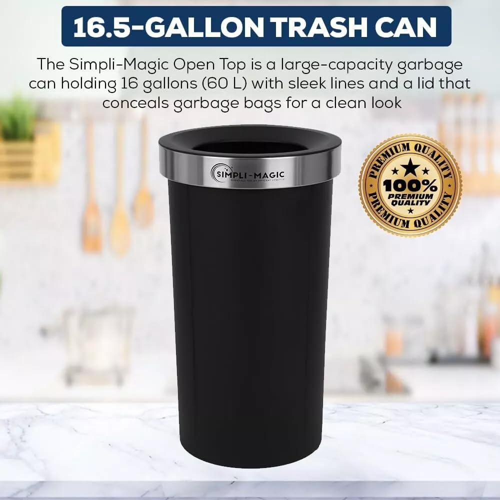 SIMPLI-MAGIC 16 Gallon (60L) Open Top Trash Can – Round Commercial Trash Can – Smudge-Resistant, Easy to Clean, Non-Skid Base, Stainless Steel (2 Pack) : Home & Kitchen
