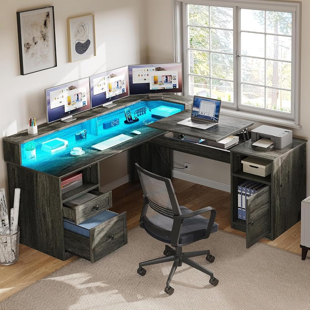 YITAHOME L Shaped Desk with Power Outlets & LED Lights, 60