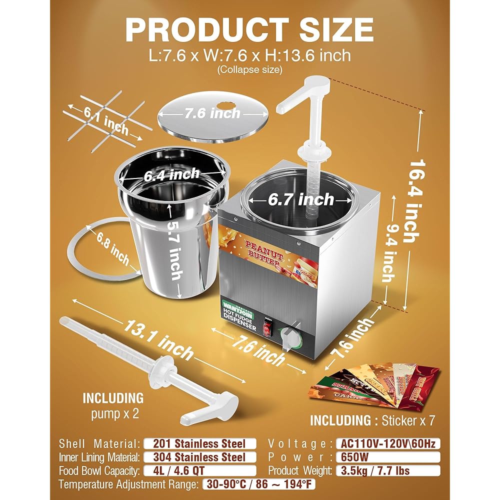 WantJoin 4.6Qt Nacho Cheese Dispenser with Pump - Nacho Cheese Warmer,Stainless Steel Hot Fudge Warmer W/5-Level Temperature Adjustment,Hot Fudge Dispenser for Hot Fudge Cheese Caramel : Home & Kitchen
