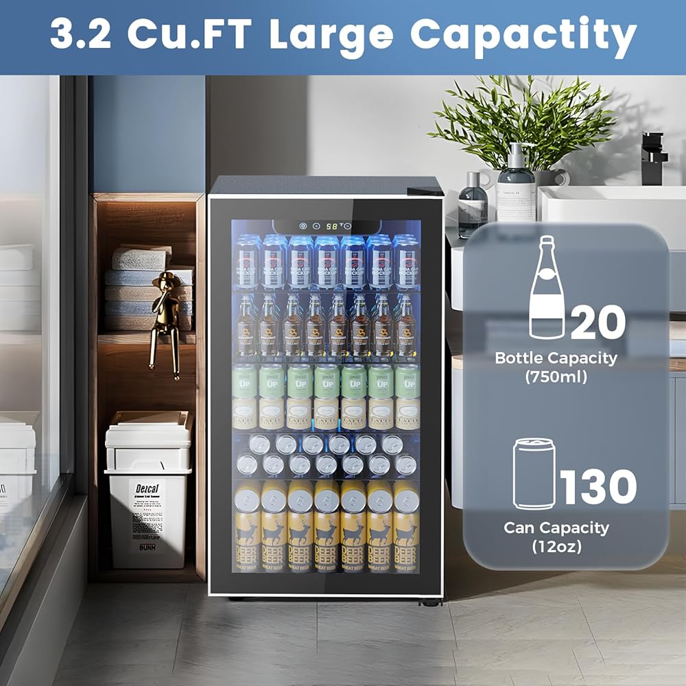 Electactic Mini Fridge 130 Can Beverage Refrigerator Cooler, 3.2 Cu.Ft Drink Fridge for Soda Wine Beer, Adjustable Temperature Control for Home Office, Black