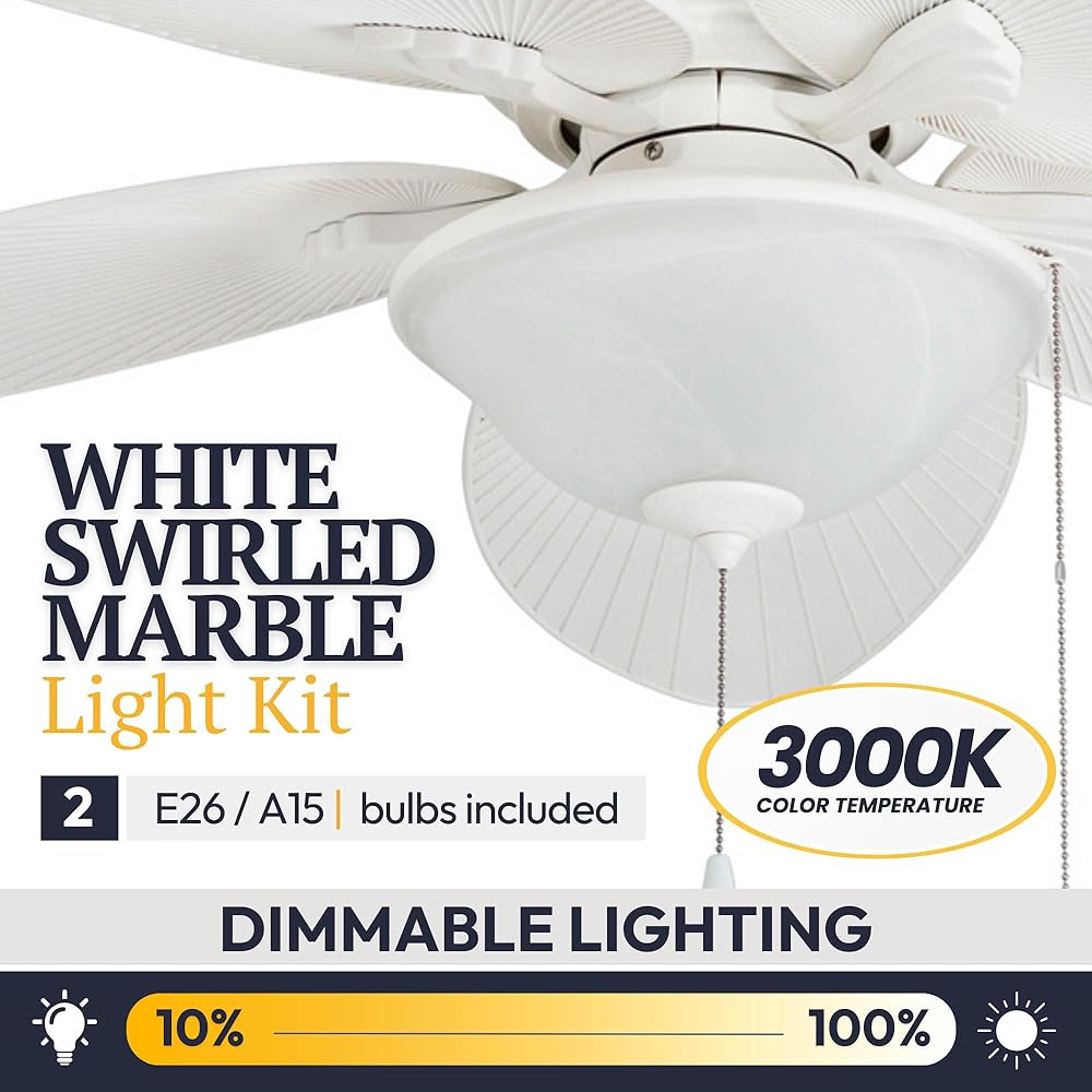 Prominence Home Solana, 52 Inch Tropical Indoor Outdoor Ceiling Fan with Light, Pull Chain, Three Mounting Options, Weather Resistant Palm Leaf Blades - 80018-01 (White) -