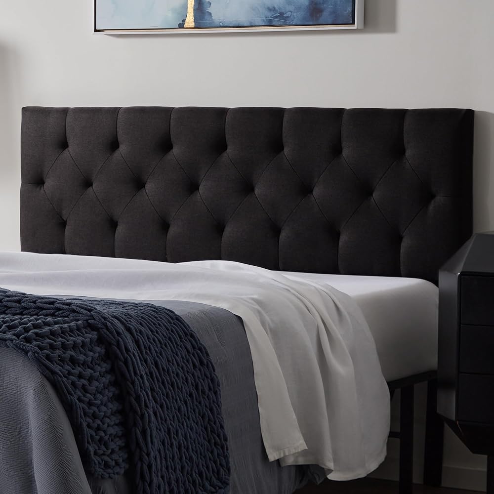 - Lucid Mid-Rise Upholstered Headboard - Diamond Tufted - Padded Polyester - Adjustable Height from 34” to 46” - Easy Assembly - Bed Frame or Wall Mount - Sturdy - Black - Queen Size