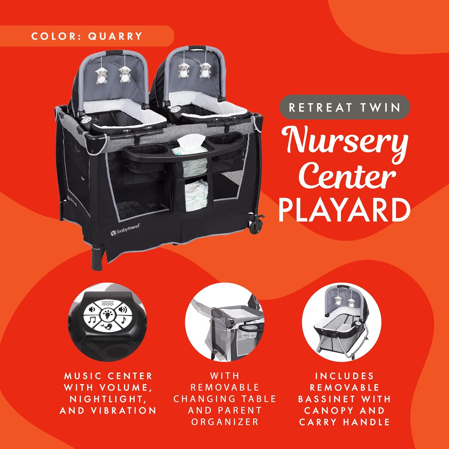 : Baby Trend Retreat Nursery Center with Two Removable Rock A Bye Bassinets, Changing Table, Organizer, and Music Center with Nightlight, Quarry : Baby
