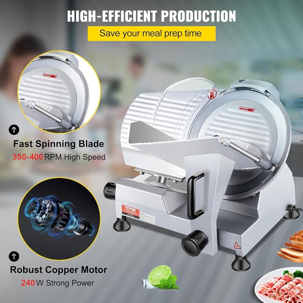 VEVOR Commercial Meat Slicer, 10 inch Electric Food Slicer, 240W Frozen Meat Deli Slicer, Premium Chromium-plated Steel Blade Semi-Auto Meat Slicer For Commercial and Home use: Home & Kitchen