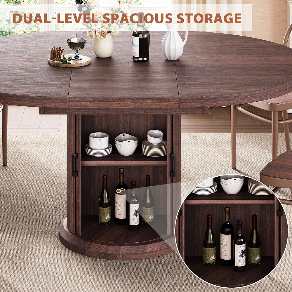 - Dining Table for 4-6,63“Extendable Round Kitchen Dining Room Table with 2-Tier Storage Shelf, Space Saving Expandable Wood Oval Circle Dinner Furniture with Pedestal Base (Brown) - Tables