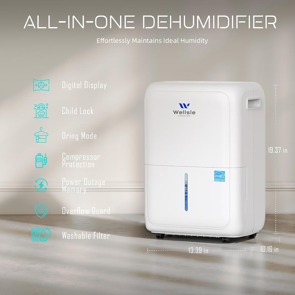 - Wellsle Most Efficient Energy Star Dehumidifier, 52 Pint Dehumidifiers for Basement and Home with Drain Hose, 1.59 Gallon Water Tank, Smart Humidity Control for Bedroom with 24HR Timer, Auto Shut Off