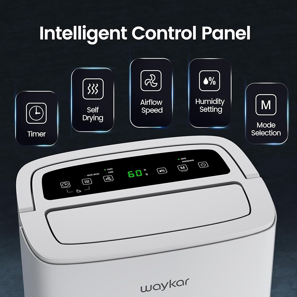 - Waykar 80 Pints Energy Star Home Dehumidifier for Spaces up to 5,000 Sq. Ft at Home, in Basements and Large Rooms with Drain Hose, Handle, Auto Defrost and Self-Drying.