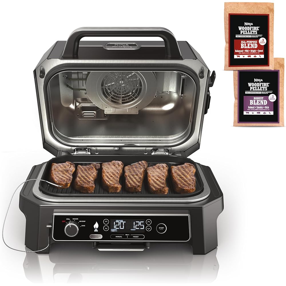 : Ninja, Woodfire Pro XL Outdoor Grill & Smoker, Thermometer, 4-in-1 Master Grill, BBQ Smoker, Outdoor Air Fryer, Bake, Portable, Electric Grill, Dark Grey, OG850 : Patio, Lawn & Garden