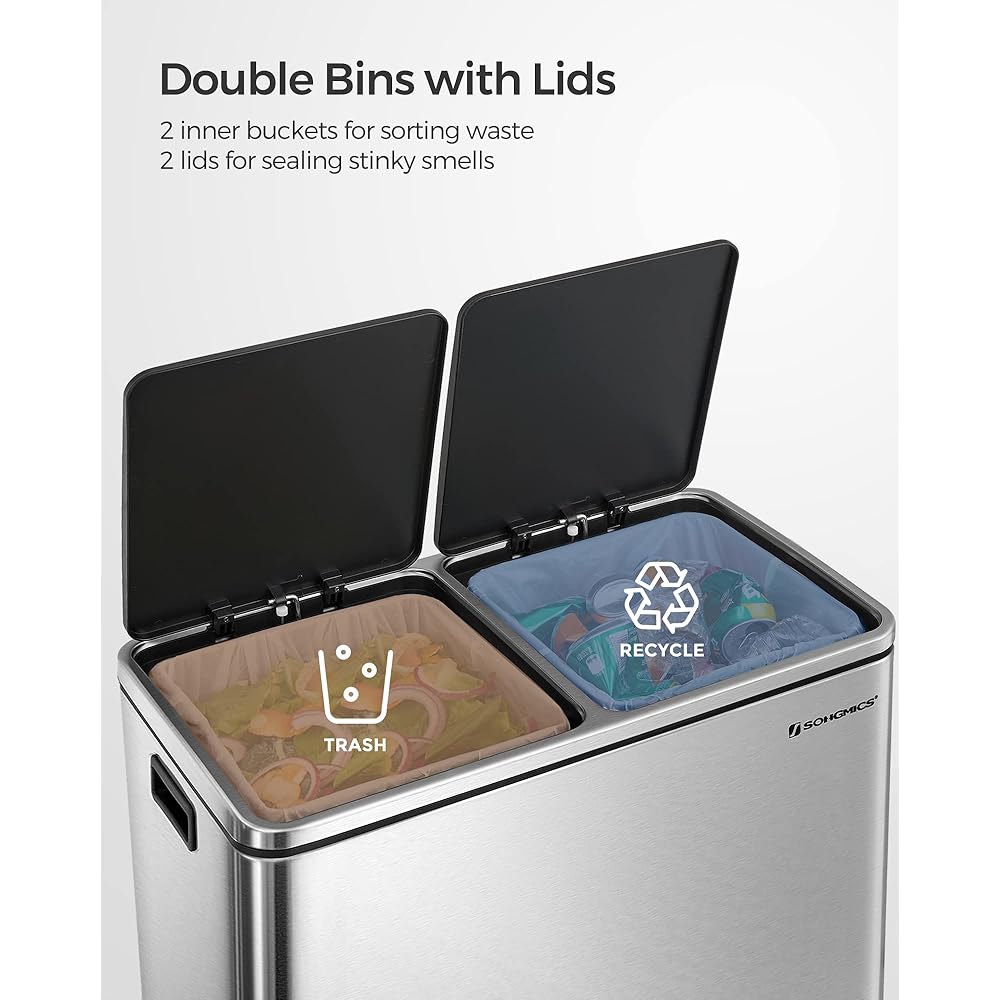 SONGMICS Trash Can, 2 x 8 Gallon (2 x 30 L) Garbage Can for Kitchen, with 15 Trash Bags, 2 Compartments, Plastic Inner Buckets and Hinged Lids, Airtight, Silver and Black ULTB60NL