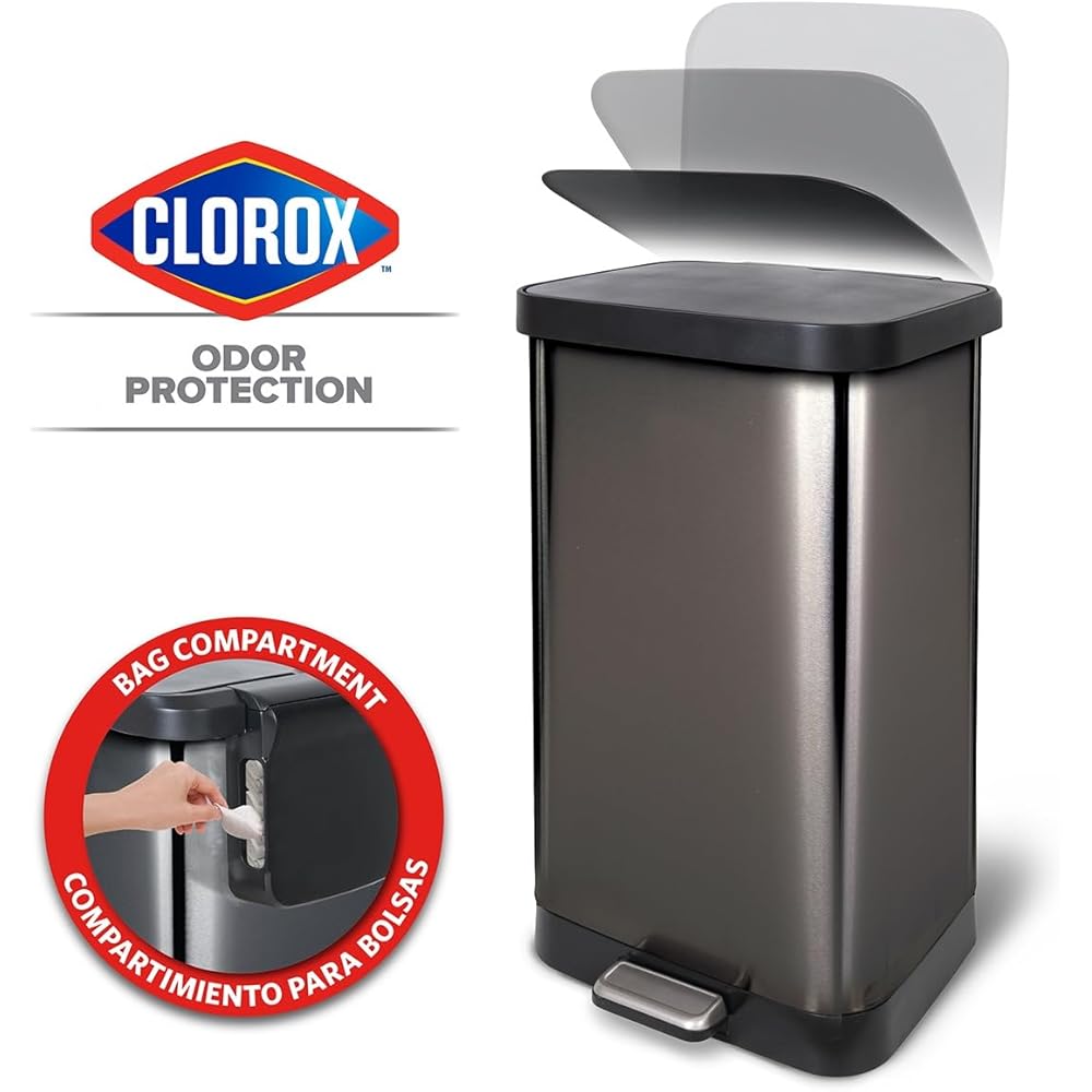 Glad 20 Gallon / 75.5 Liter Extra Capacity Stainless Steel Step Trash Can with CloroxTM Odor Protection, Pewter : Home & Kitchen