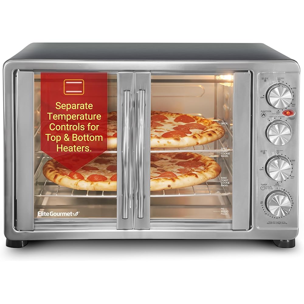 Elite Gourmet ETO-4510M French Door 47.5Qt, 18-Slice Convection Oven 4-Control Knobs, Bake Broil Toast Rotisserie Keep Warm, Includes 2 x 12