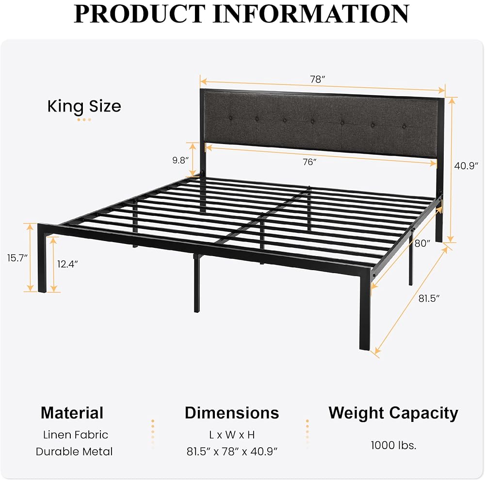SHA CERLIN King Size Platform Bed Frame with Upholstered Headboard, Metal Slats Support, Button Tufted Square Stitched Headboard, Noise Free, No Box Spring Needed, Easy Assembly, Dark Grey : Home & Kitchen