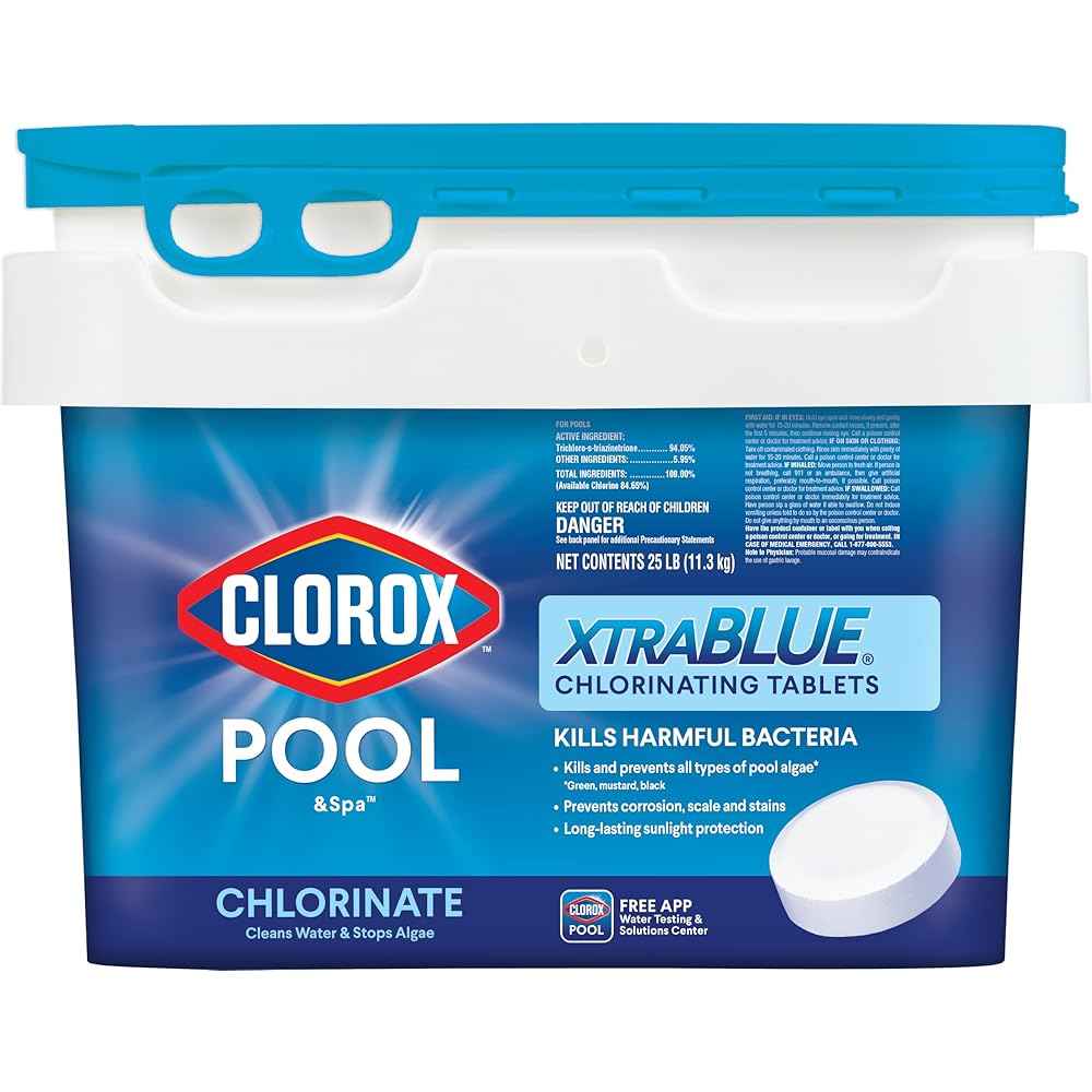 : Clorox® Pool&Spa™ XtraBlue 3” Swimming Pool Chlorinating Tablets, Kills Bacteria & Stops Algae (25 LB) : Patio, Lawn & Garden