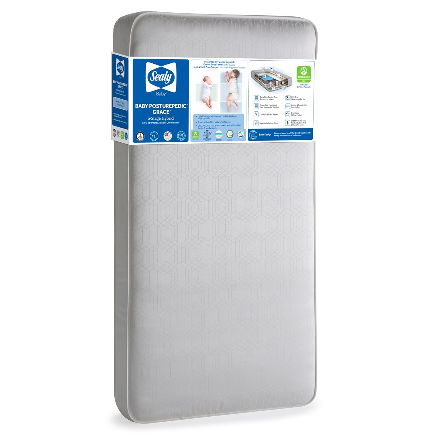Sealy Baby Posturepedic Grace Hybrid - Firm 2 Stage Breathable Crib Mattress with Waterproof Barrier - GREENGUARD Gold Certified, Soy-enhanced Foam for Infants and Toddlers, Made in the USA (52x28