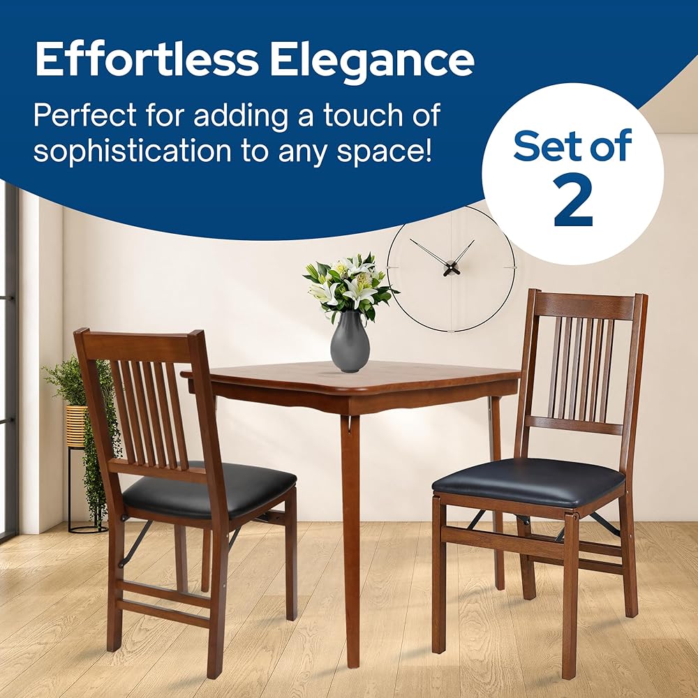 MECO Stakmore True Mission Wooden Folding Chairs with Padded Seats, Set of 2 - No Assembly Foldable Dining Chairs, Steel Folding Mechanism, Upholstered Cushion, Space-Saving, Fruitwood Frame : Home & Kitchen