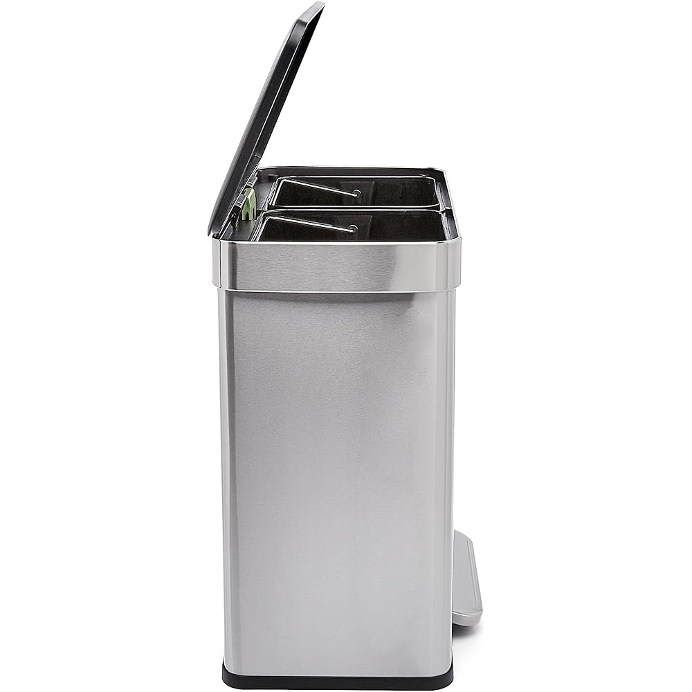 Amazon Basics Dual Compartment Recycling Trash Can with Soft-Close Lid and Removable Liner Buckets, 60 Liters, Rectangular, Grey, Silver : Home & Kitchen