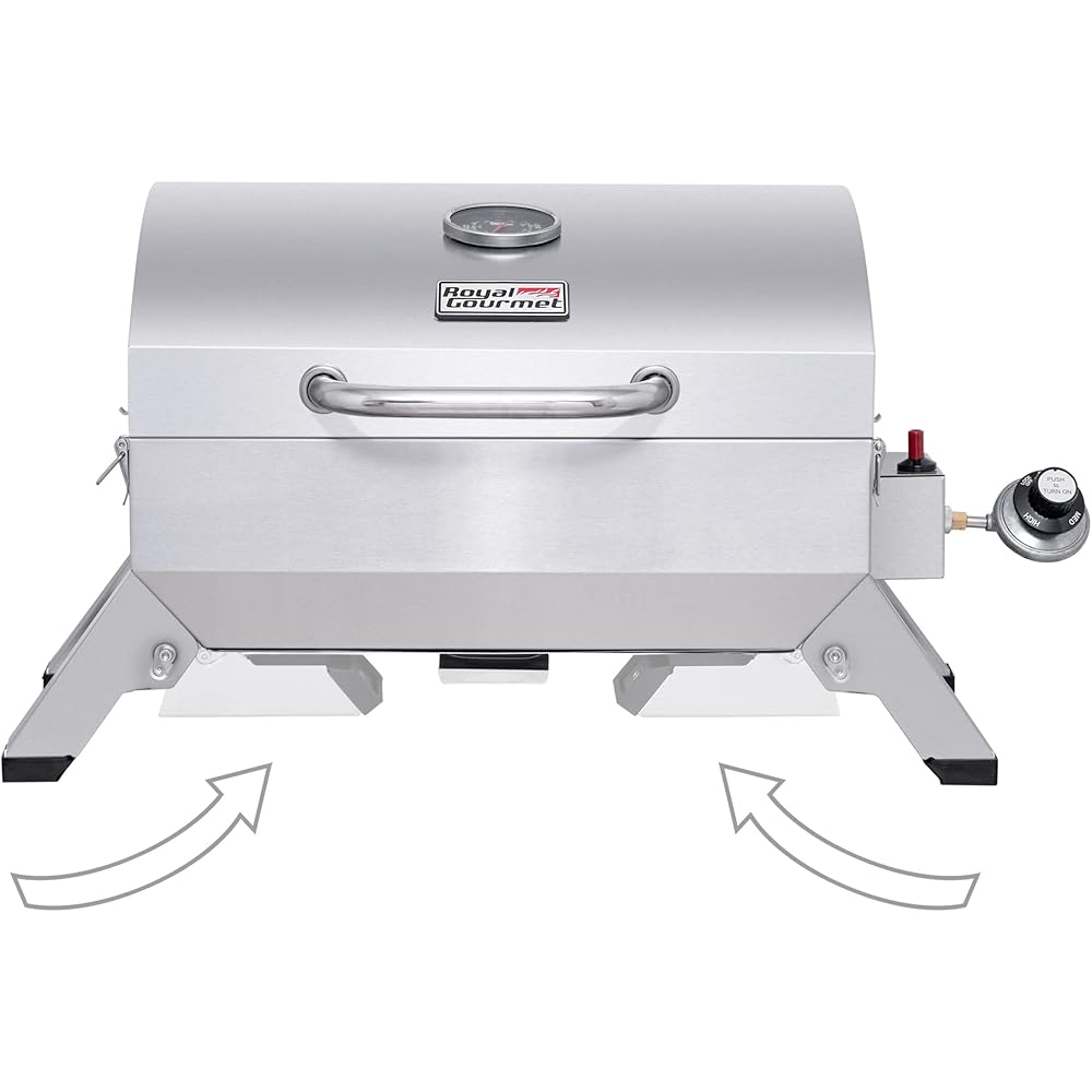 Royal Gourmet GT1001 Stainless Steel Portable Grill, 10000 BTU BBQ Tabletop Gas Grill with Folding Legs and Lockable Lid, Outdoor Camping, Deck and Tailgating, Silver