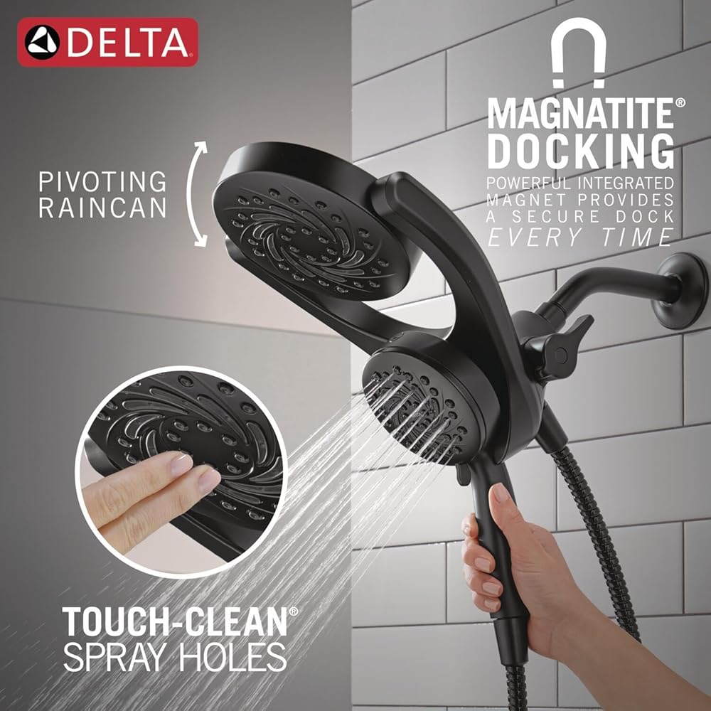 Delta 5-Setting HydroRain 2-in-1 Dual Shower Head with ProClean Spray, Matte Black High Pressure Shower Head with Handheld Spray, 1.75 GPM Flow Rate, Matte Black 75419BL -