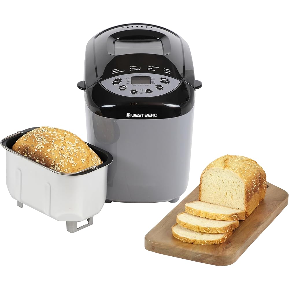 West Bend Hi-Rise Bread Maker Machine Programmable 12 Programs Including Gluten Free & 3 Loaf Sizes and Crust Colors with Traditionally-Shaped Horizontal Bread Pan with Dual Knead Blades, 3-Lb, Gray: Home & Kitchen