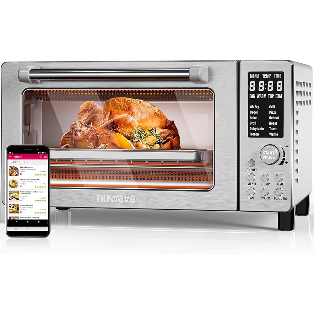 Nuwave Bravo Air Fryer Toaster Smart Oven, 10-in-1 Countertop Convection, 1800 Watts, 21-Qt Capacity, 50°-450°F Temp Controls, Top and Bottom Heater Adjustments 0%-100%, PFAS Free, Stainless Steel : Home & Kitchen