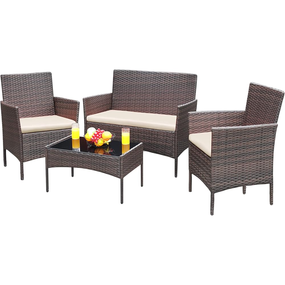 Greesum Patio Furniture 4 Pieces Conversation Sets Outdoor Wicker Rattan Chairs Garden Backyard Balcony Porch Poolside loveseat with Soft Cushion and Glass Table, Brown and Beige : Patio, Lawn & Garden