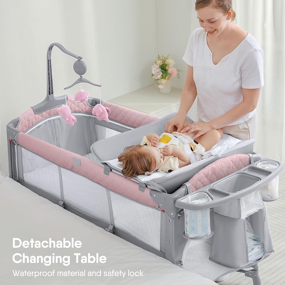 : ADOVEL Baby Bassinet Bedside Crib, Pack and Play with Mattress, Diaper Changer and Playards from Newborn to Toddles, Pink : Baby