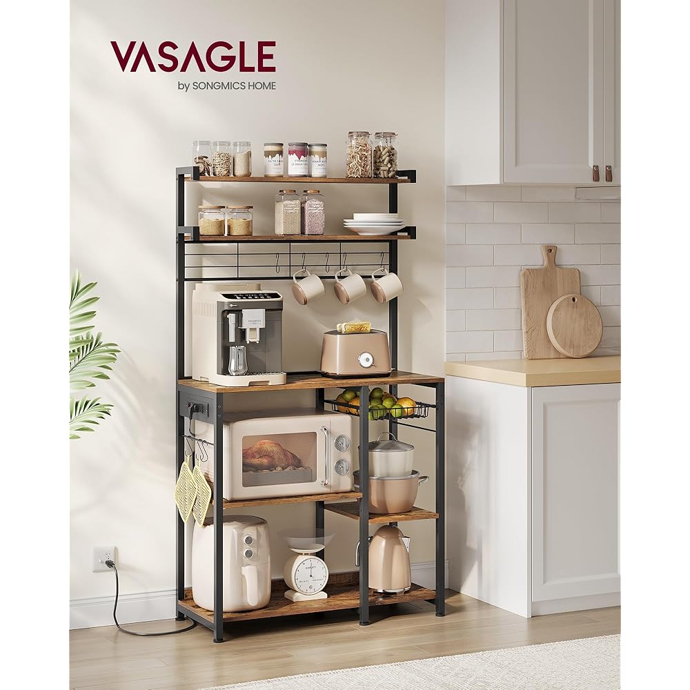 - VASAGLE Bakers Rack with Power Outlet, 35.4 Inches Microwave Stand, Coffee Bar, 4 AC Outlets, with Adjustable Shelves, 8 S-Hooks, Basket, Spice Racks, Rustic Brown and Ink Black UKKS031K01 - Standing Baker's Racks