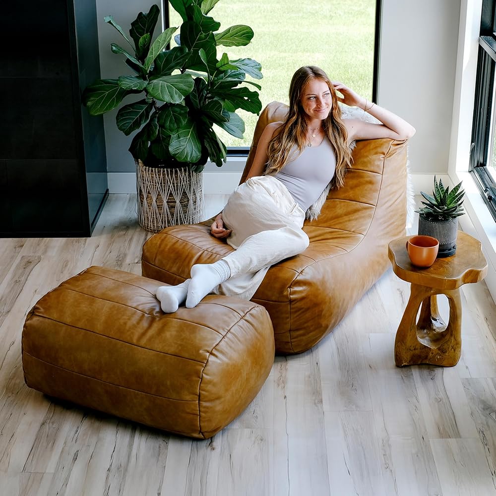 Big Joe Modora Bean Bag Chair Lounger and Ottoman Bundle, Copper Harbor Vegan Leather : Home & Kitchen