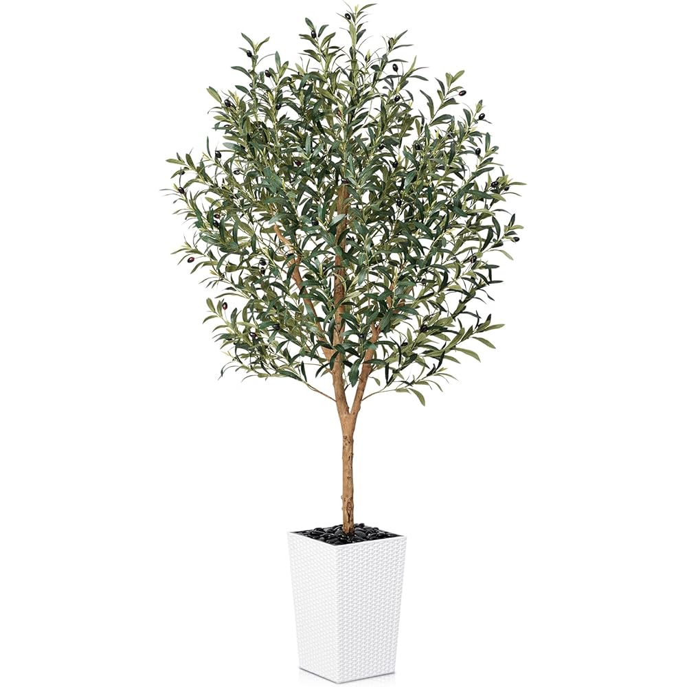 VeriNatural Artificial Olive Tree 6FT, Faux Olive Trees with Real Wood Trunk, UV Resistant Fake Plants in Planter & River Rocks, Indoor Tall Silk Plant for Home Living Room Office Outdoor Decor, VN133 : Home & Kitchen