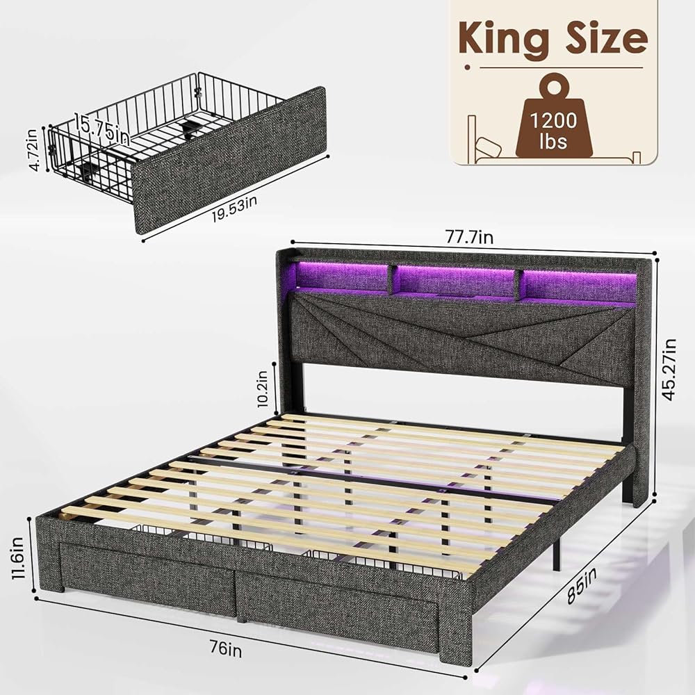 Driftalia LED King Size Bed Frame with 2 Storage Drawers, Upholstered King Bed Frame with Headboard and Charging Station, No Box Spring Needed, Easy to Assembly-Dark Grey : Home & Kitchen