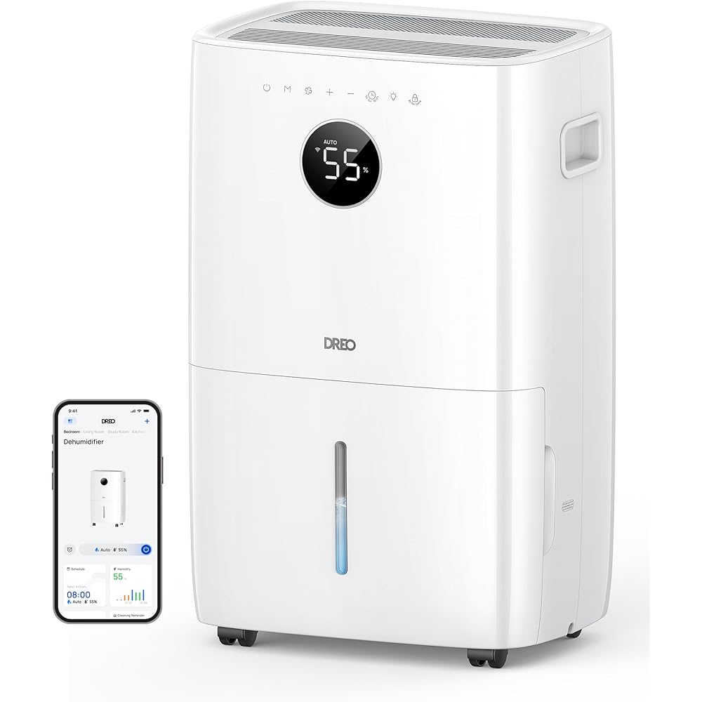 - Dreo 110-Pint Smart Dehumidifier for Basement, 4500 Ft² for Large Room, 2 Gallon Water Tank, Auto/Comfort/Constant Mode Dehumidifiers for Home, Bedroom, Bathroom, with Drain Hose, White, 711S