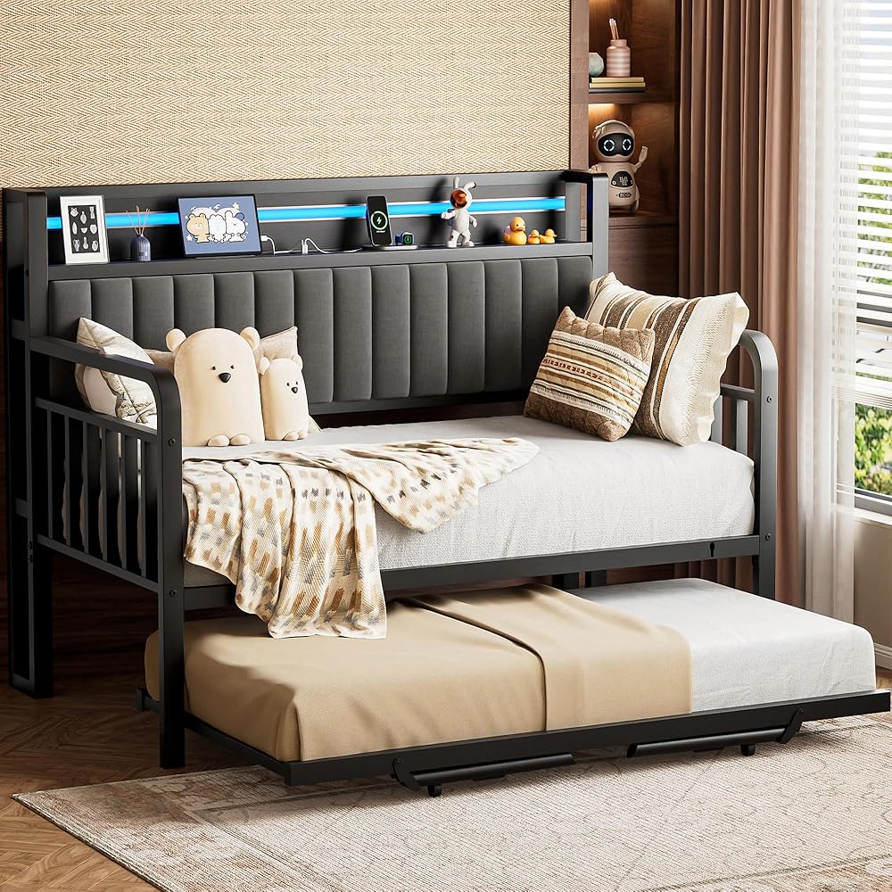 Daybed with Trundle and LED Light, Heavy Duty Metal Twin Bed Frame with Upholstered Storage Headboard & Charging Station, Day Bed Pop Up Trundle Bed Twin for Living Room,Bedroom and Guest Room (Black) : Home & Kitchen