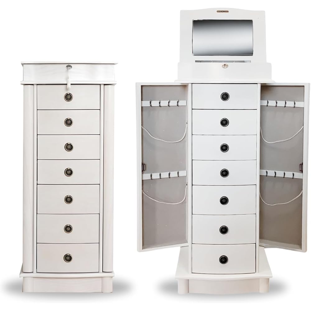 Hives and Honey Nora Jewelry Armoire Cabinet with Mirror – 7 Drawers, Locking Top, Necklace Hooks, Anti-Tarnish Felt – Traditional Standing Jewelry Organizer for Women, White : Clothing, Shoes & Jewelry