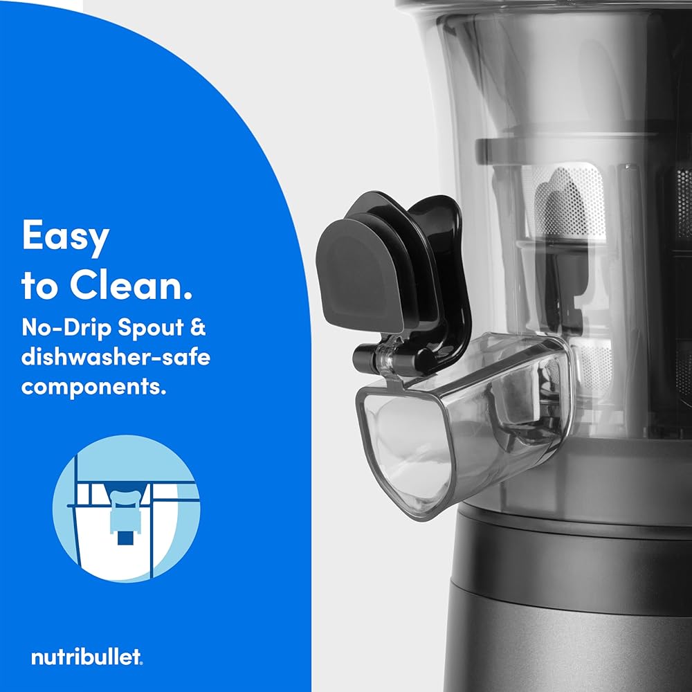 nutribullet Slow Juicer, Slow Masticating Juicer Machine, Easy to Clean, Quiet Motor & Reverse Function, BPA-Free, Cold Press Juicer with Brush, 150 Watts, Charcoal Black, NBJ50300, 24-oz: Home & Kitchen