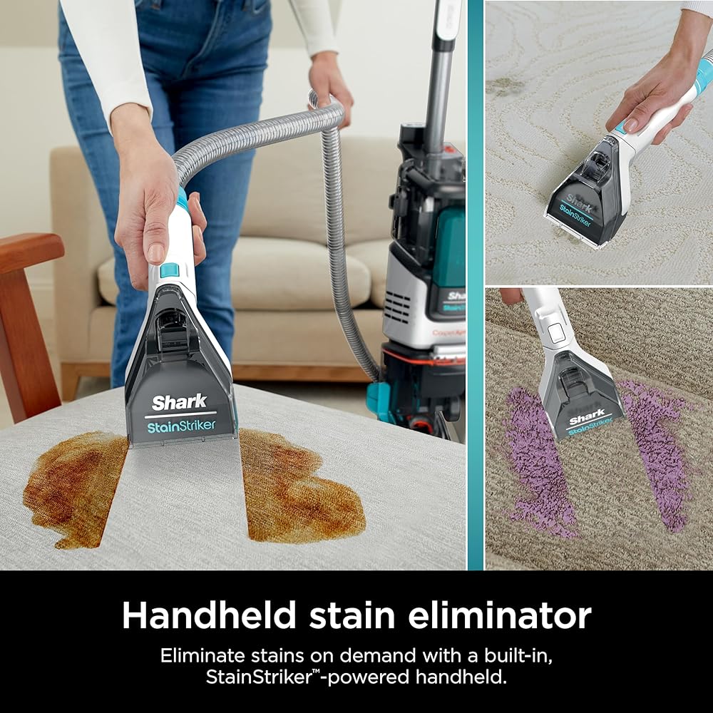 - Shark CarpetXpert with StainStriker Upright Carpet, Area Rug & Upholstery Cleaner with Pet Mess Extractor Tool, Perfect for Pets, Carpet Shampooer, 3 Cleaning Tools, Cleaning Solutions, White, EX201