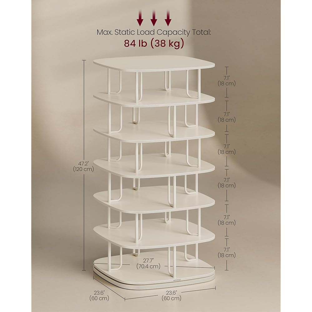 VASAGLE 7-Tier Shoe Rack, Rotating Shoe Rack Tower, Shoe Closet Organizer, Shoe Shelf, 28-35 Pairs, 23.6 x 23.6 x 47.2 Inches, for Entryway, Living Room, Closet, Cream White ULBS041W01 : Home & Kitchen