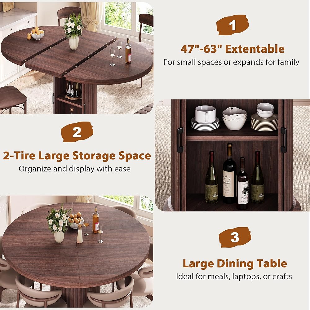 - Dining Table for 4-6,63“Extendable Round Kitchen Dining Room Table with 2-Tier Storage Shelf, Space Saving Expandable Wood Oval Circle Dinner Furniture with Pedestal Base (Brown) - Tables