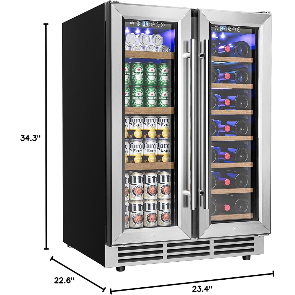 EUHOMY Wine and Beverage Refrigerator, 24 Inch Dual Zone Wine Cooler with Glass Door Hold 21 Bottles and 88 Cans, Built in or Under Counter Wine Fridge with Blue LED Light: Home & Kitchen