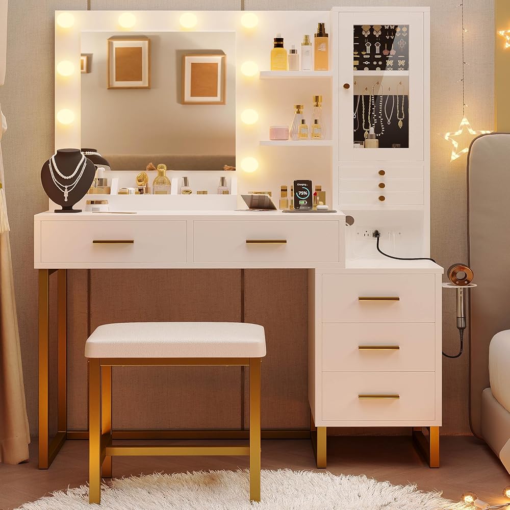 IRONCK Vanity Desk with Mirror and Lights, Makeup Vanity Table with 5 Drawers & Shelves, Power Outlet, Vanity Stool, Dressing Table with Jewelry Storage for Bedroom, White & Gold : Home & Kitchen