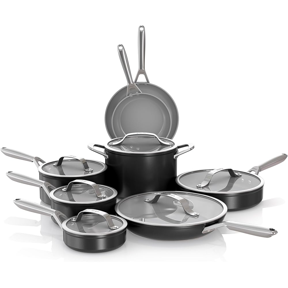 Ninja Ceramic Pro 14-Piece Cookware Set, Non-Stick Pots & Pans Set with Glass Lids, Nontoxic, PTFE Free, Ceramic Coated, Oven Safe, All Stovetops & Induction Compatible, Black, CW39014BK