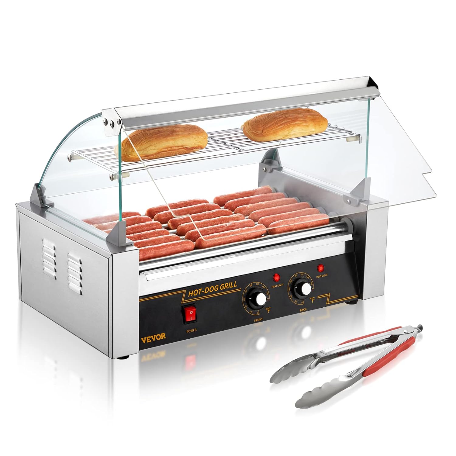 VEVOR Hot Dog Roller 7 Rollers 18 Hot Dogs Capacity 1050W Stainless Sausage Grill Cooker Machine with Dual Temp Control Glass Hood Acrylic Cover Bun Warmer Shelf Removable Oil Drip Tray, ETL Certified : Industrial & Scientific