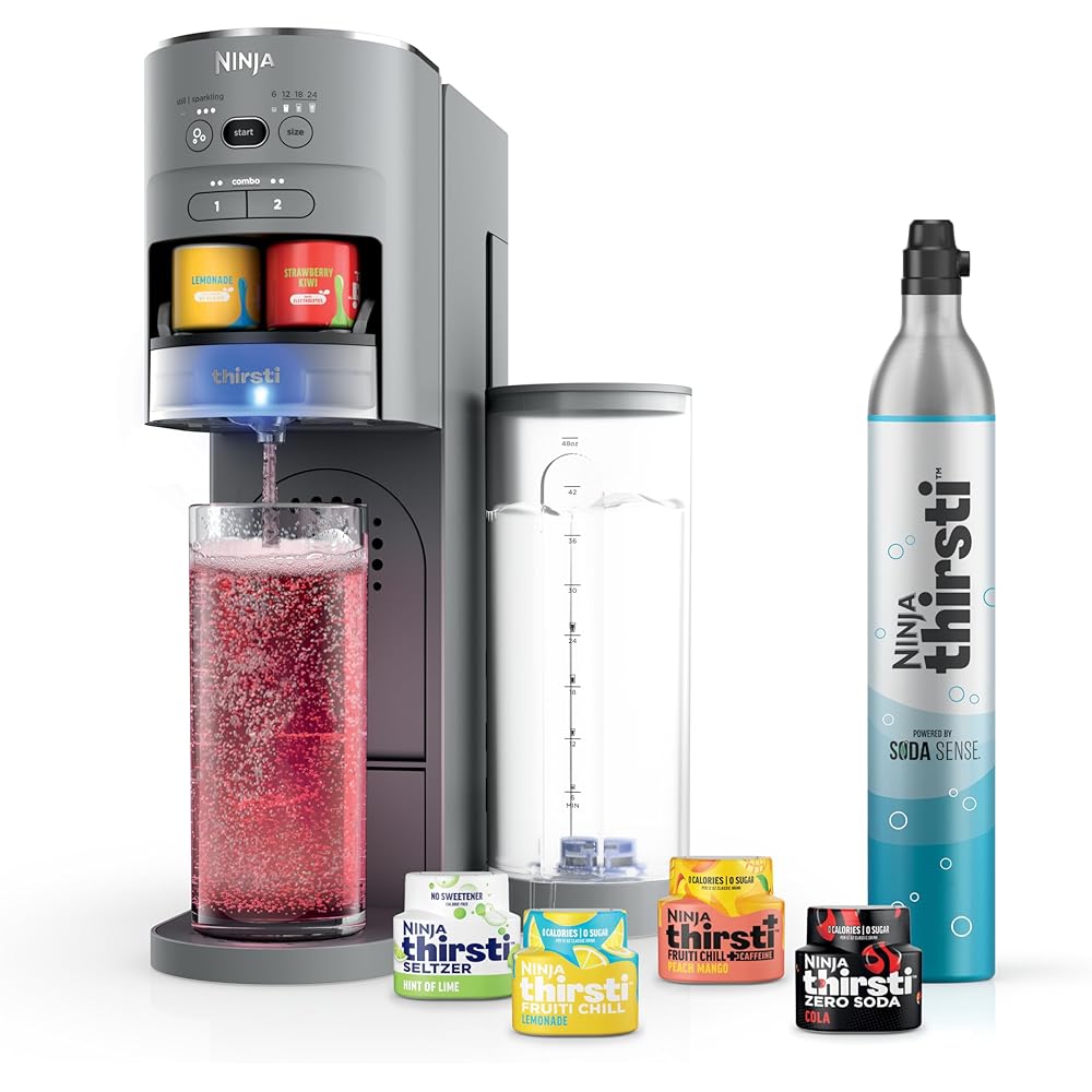 Ninja Thirsti Drink System, Soda Maker, Create Unique Sparkling & Still Drinks, Personalize Size & Flavor, Carbonated Water Machine, 60L CO2 Cylinder & Variety of Flavored Water Drops, Gray WC999AMZ: Home & Kitchen