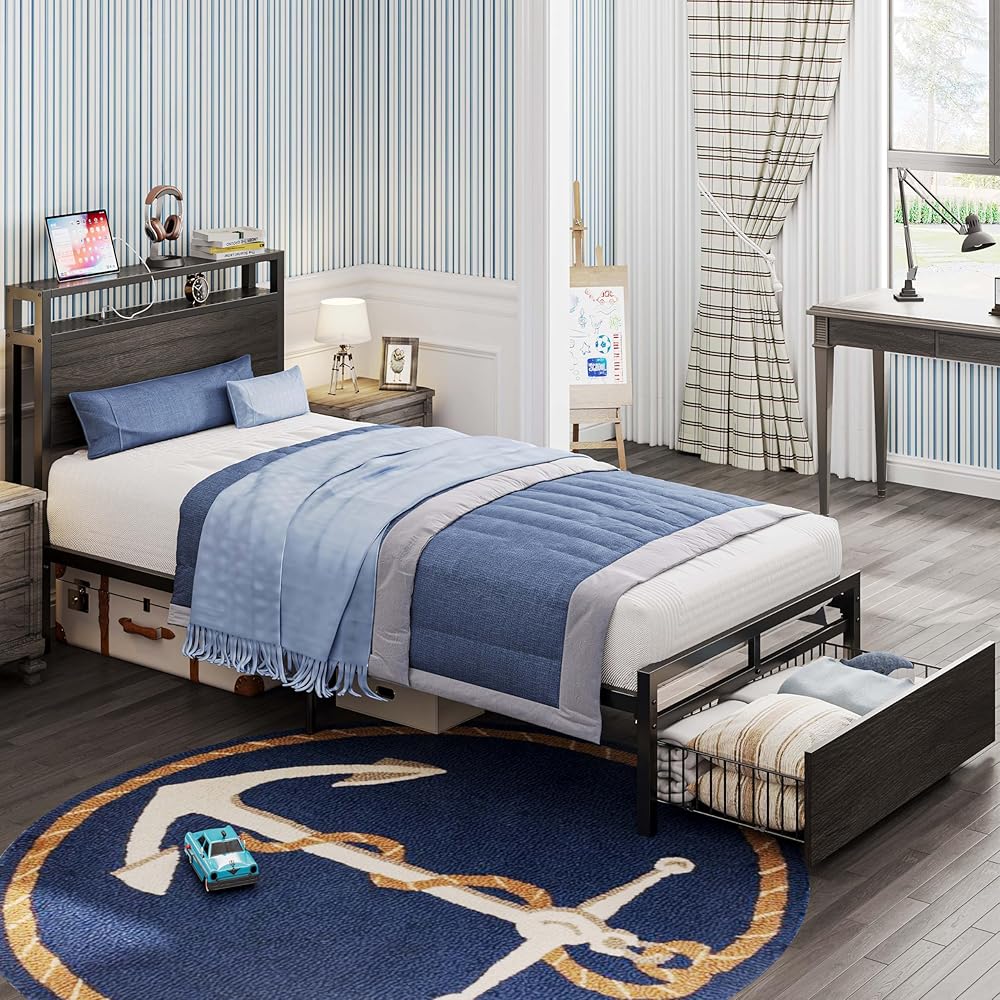 LIKIMIO Twin XL Bed Frames with Drawer, Storage Headboard with Outlets, No Box Spring Needed, Easy Assembly, Gray Black : Home & Kitchen